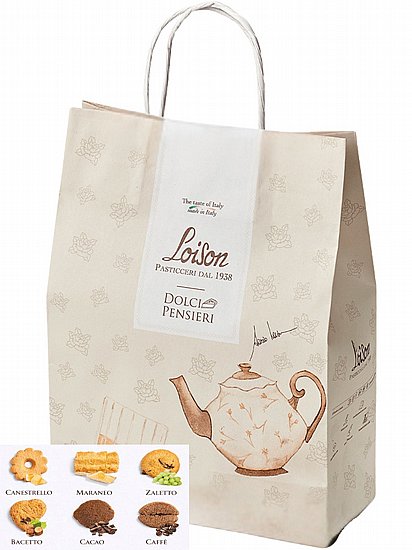 עוגיות איטלקיות בצ’טו, קנסטלו, זלטו, מאראנו, קקאו וקפה | שקית נשיאה מעוצבת 280 גרם | Loison עוגיות איטלקיות בצ’טו, קנסטלו, זלטו, מאראנו, קקאו וקפה | שקית נשיאה מעוצבת 280 גרם | Loison